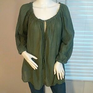 Adrift Boho Dark Olive Green Long Sleeves Blouse Size M Front Tie With Tassels